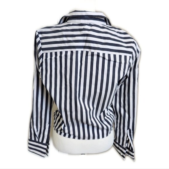 Alex Marie NWT charcoal gray & white striped button down blouse w/ tie waist M - Picture 4 of 10